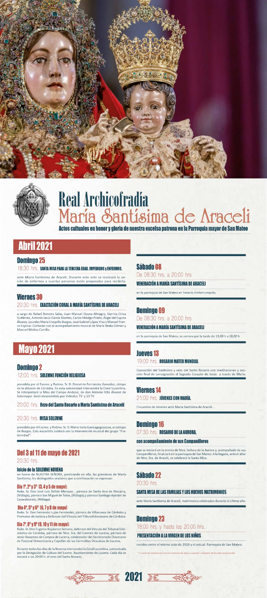 Programa De Cultos En Honor A Maria Sant Sima De Araceli