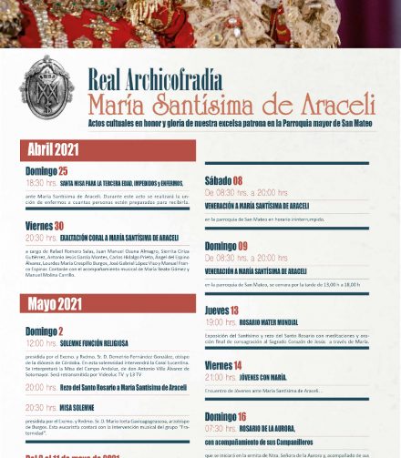 Programa de Cultos en Honor a Maria Santísima de Araceli 2021